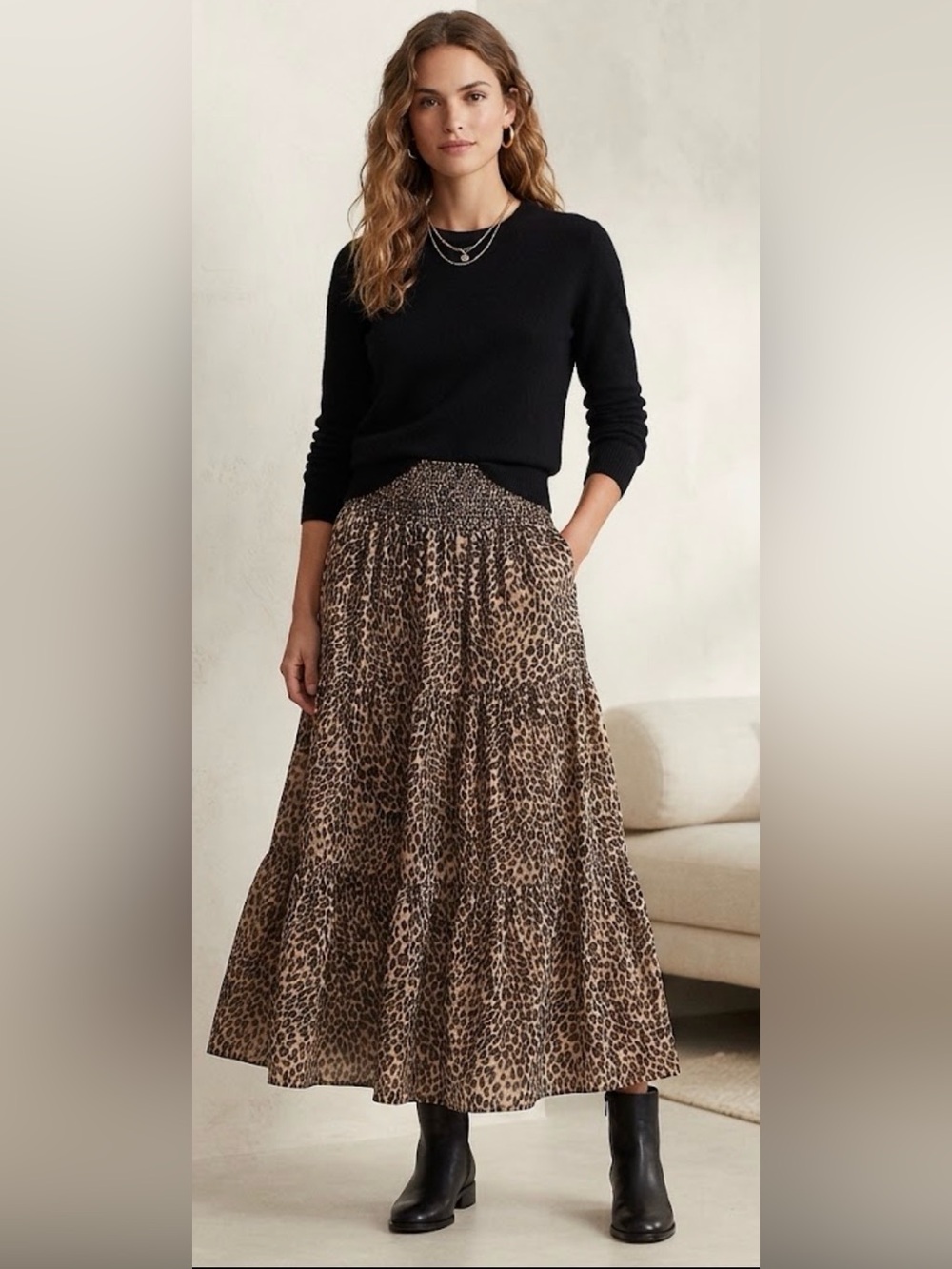 Lauren Ralph Lauren Leopard Print Smocked Tiered Maxi Skirt Animal Print Boho
